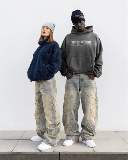 Ripped Raw Edge Embroidered Denim Trousers Retro Harajuku Baggy Jeans