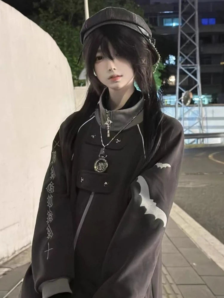 2000s Subculture Stand Neck Zip Up Hoodie Print Bat Loose Outwear Ropa Mujer Casual Fashion Korean Coats Harajuku Y2k Sweatshirt