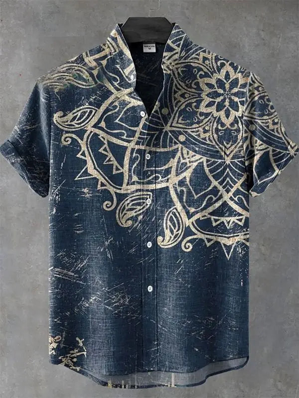 Retro African tribal totem pattern printed men's new linen comfortable fabric short sleeved shirt for casual street wear