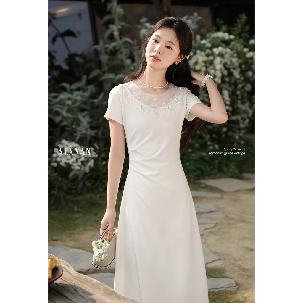 ALXNAN Women's Dress Long Elegant Holiday Party Dress 2025 Summer Pearl Beaded Lace Patchwork Design Chic Casual Clothing L55219