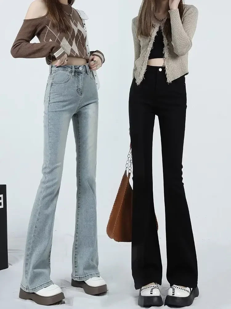 Black High-waisted Slimming Jeans Women's Autumn Winter Petite Bell-bottom Pants Trendy Vintage Horse Leggings Smooth Silhouette