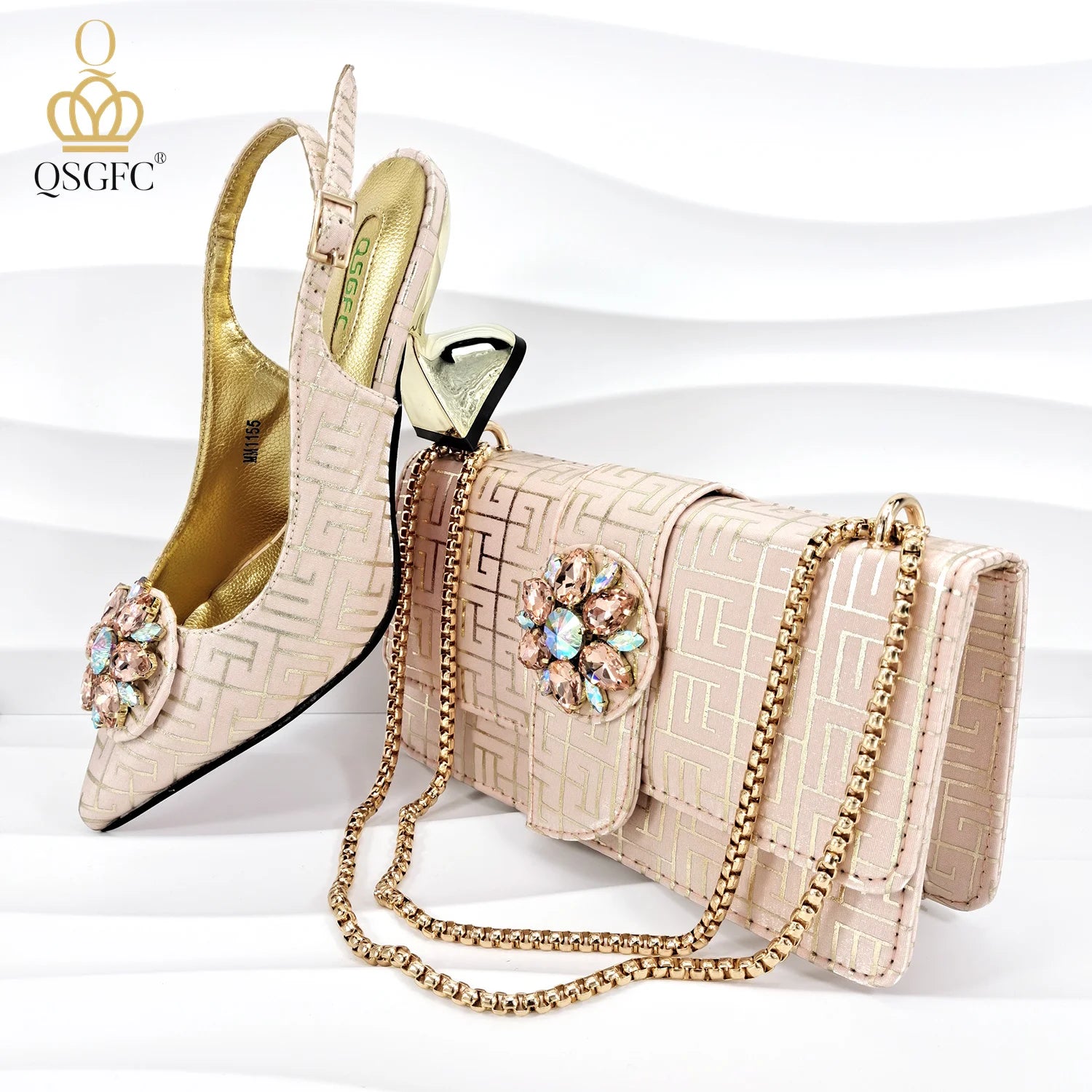 Embossed Style Big Diamond Decoration Classic Black Color Shoes and Bag Set