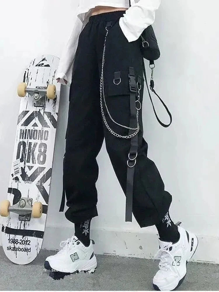 ZOKI Gothic Women Cargo Pants Black Joggers High Waisted Harajuku Harem Pants