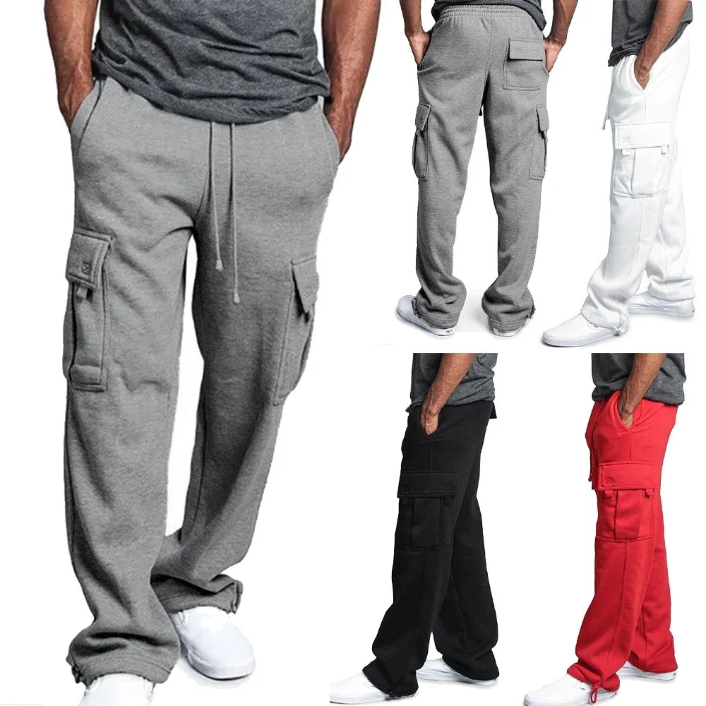 Men Cargo Jogger Pants Autumn Winter Fleece Sweatpants Loose Trousers