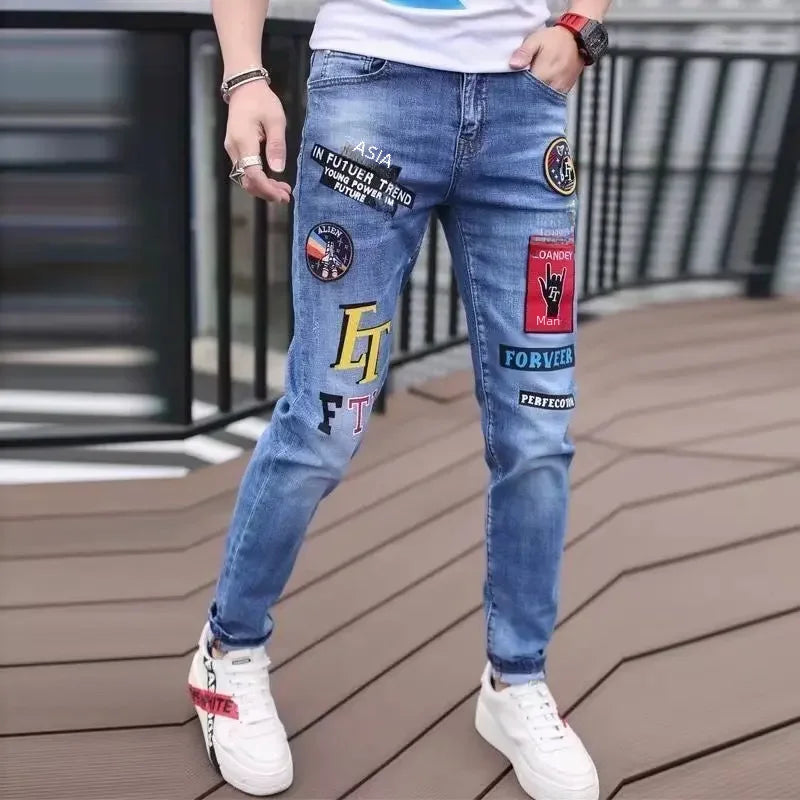 Trendy Personalized Cartoon Printed Pattern Jeans Men Fashion Elastic Slim Fit Small Leg Versatile Casual Long Pants