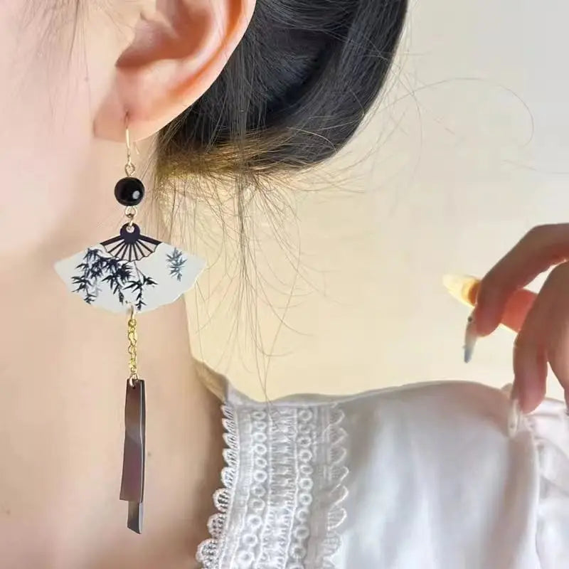 Steel Fun Jewelry Fan Shell Pendent Long Tassel Dangle Earrings for Women