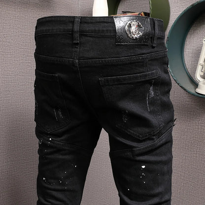Men Jeans Black Color Stretch Elastic Slim Fit Painted Ripped Jeans