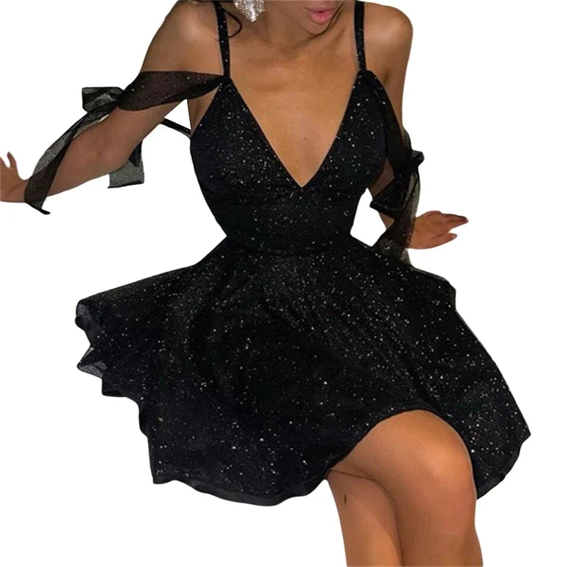 Cocktail Club for Ladies Vintage A-line Dress Women Shiny Party Mini Dress