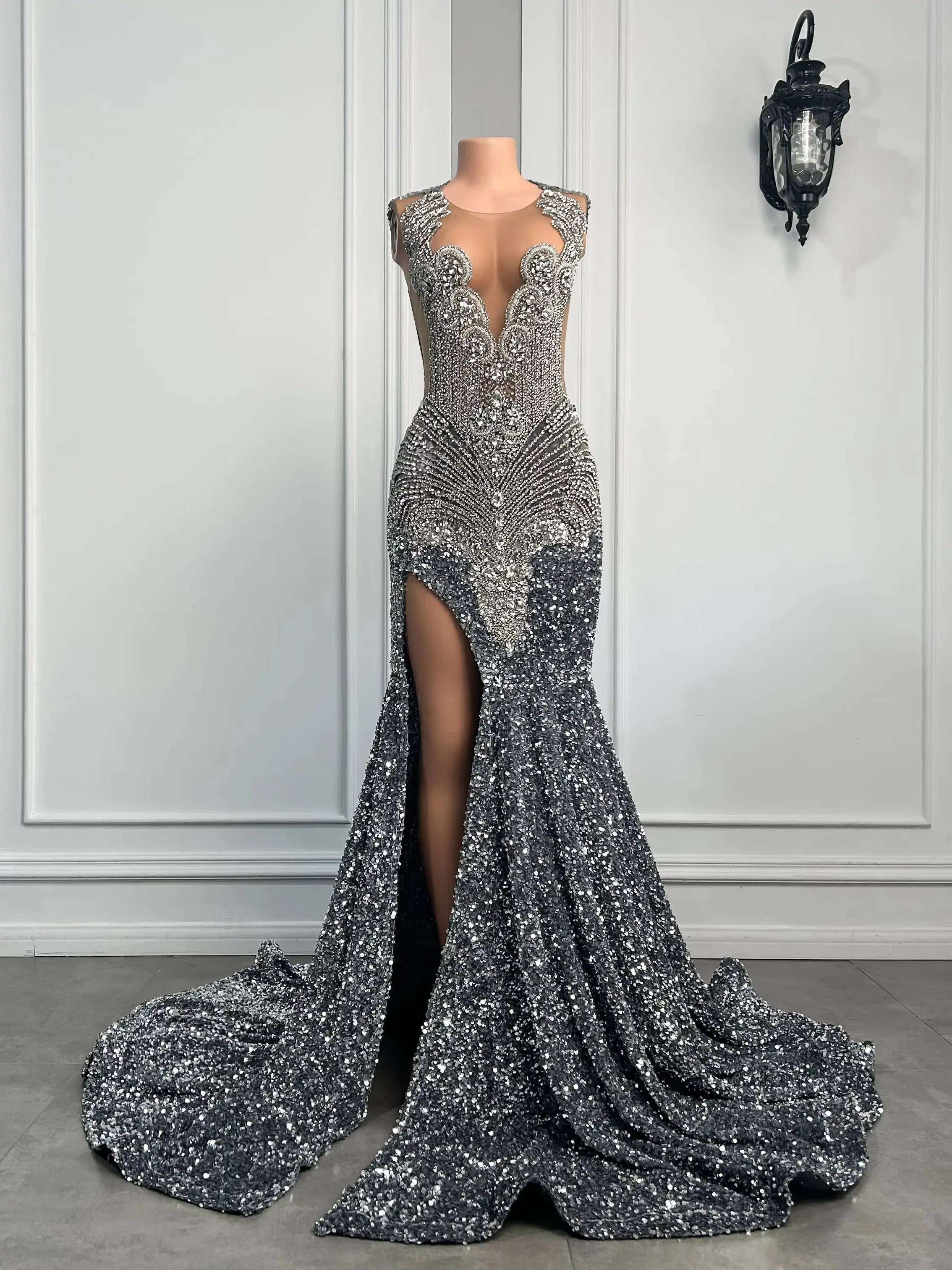 Long Sparkly Prom Dresses High Slit Luxury Diamond Silver Sequin