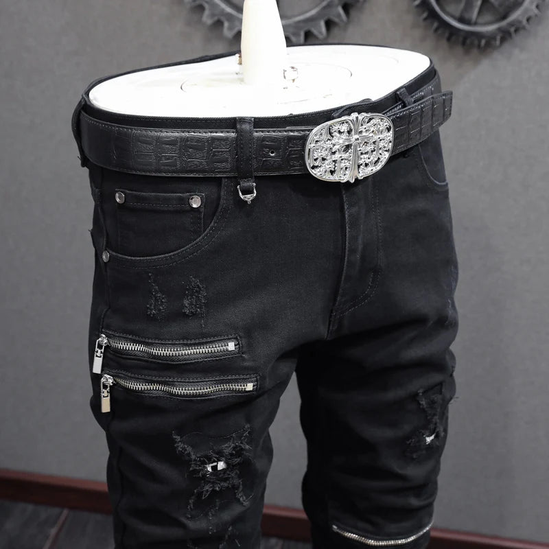 Men Jeans Black Stretch Skinny Punk Trousers Elastic Ripped Jeans