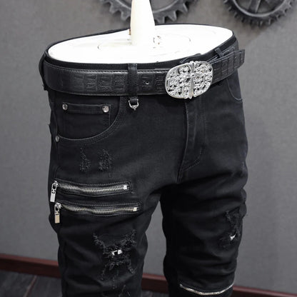 Men Jeans Black Stretch Skinny Punk Trousers Elastic Ripped Jeans