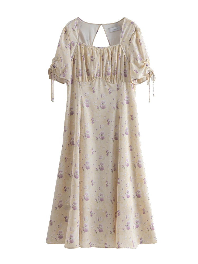 DUSHU Plus Size Lilac Platycodon Flower Dress For Women 2024 Summer Elegant Fresh Style Mid-Length Slim Floral Dress 24DS82122