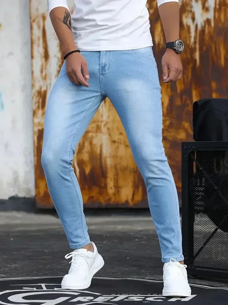Men Jeans Stretch Skinny Denim Pants Solid Color Black Blue Spring Luxury Street Harajuku Hip-Hop Style Slim Fit Trousers Brand