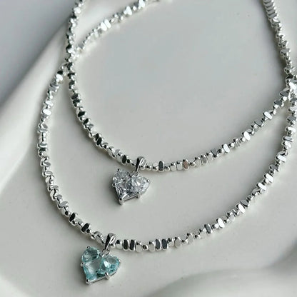 Irregular Beads Chain With Crystal Heart Pendant Necklace for Wome