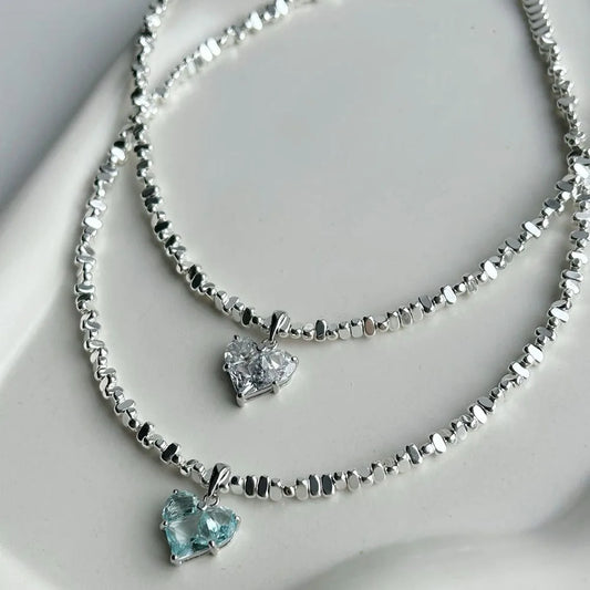 Irregular Beads Chain With Crystal Heart Pendant Necklace for Wome