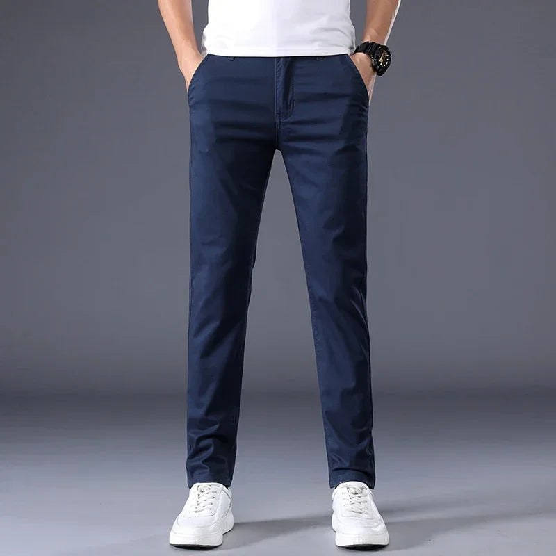 Summer Thin Men's Casual Pants Cotton 7 Colors Classic Style Elastic Straight Slim Fit Business Fashion Long Trousers Male