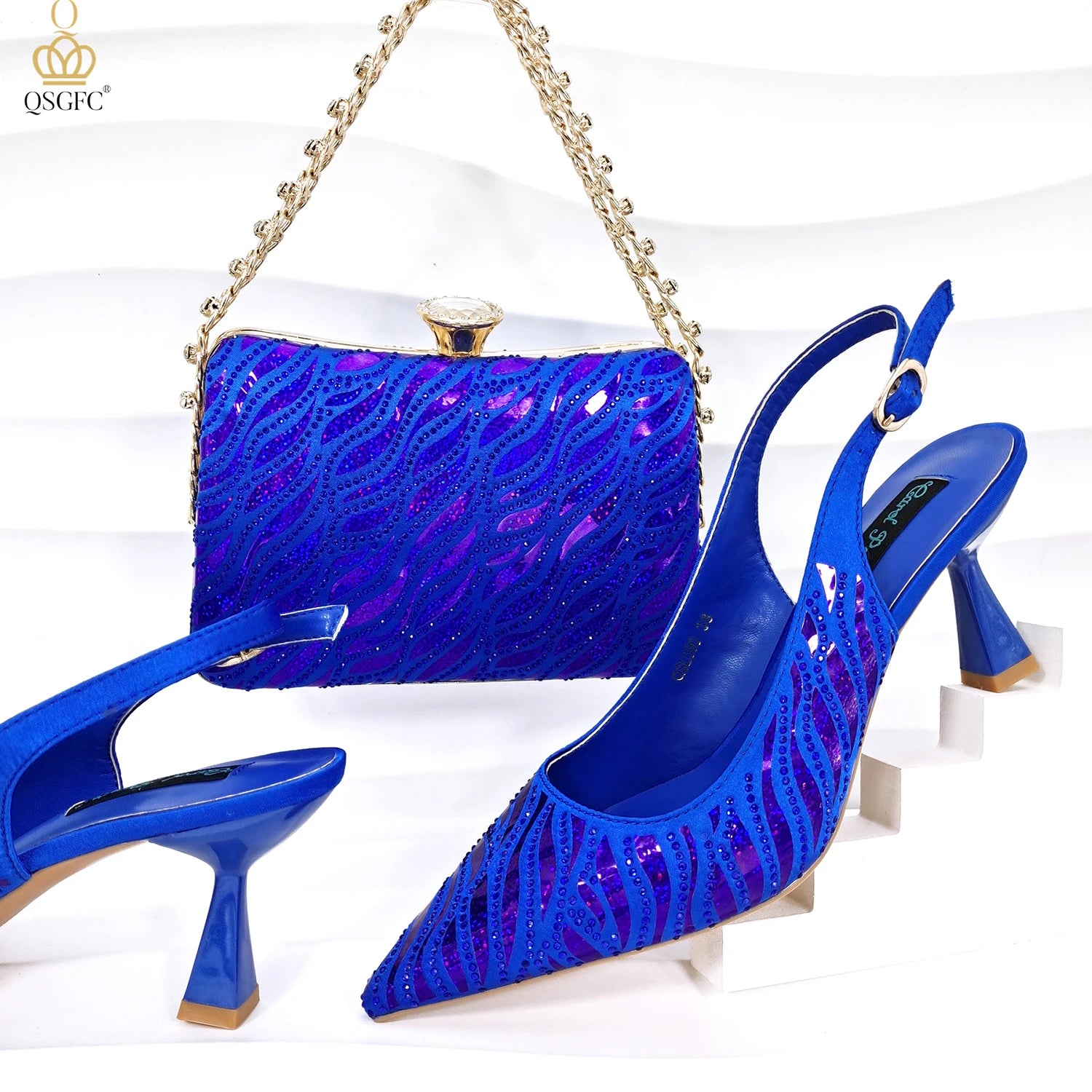 Ladies Heel and Bag Set Full Diamond Fashion Silver Color Pumps