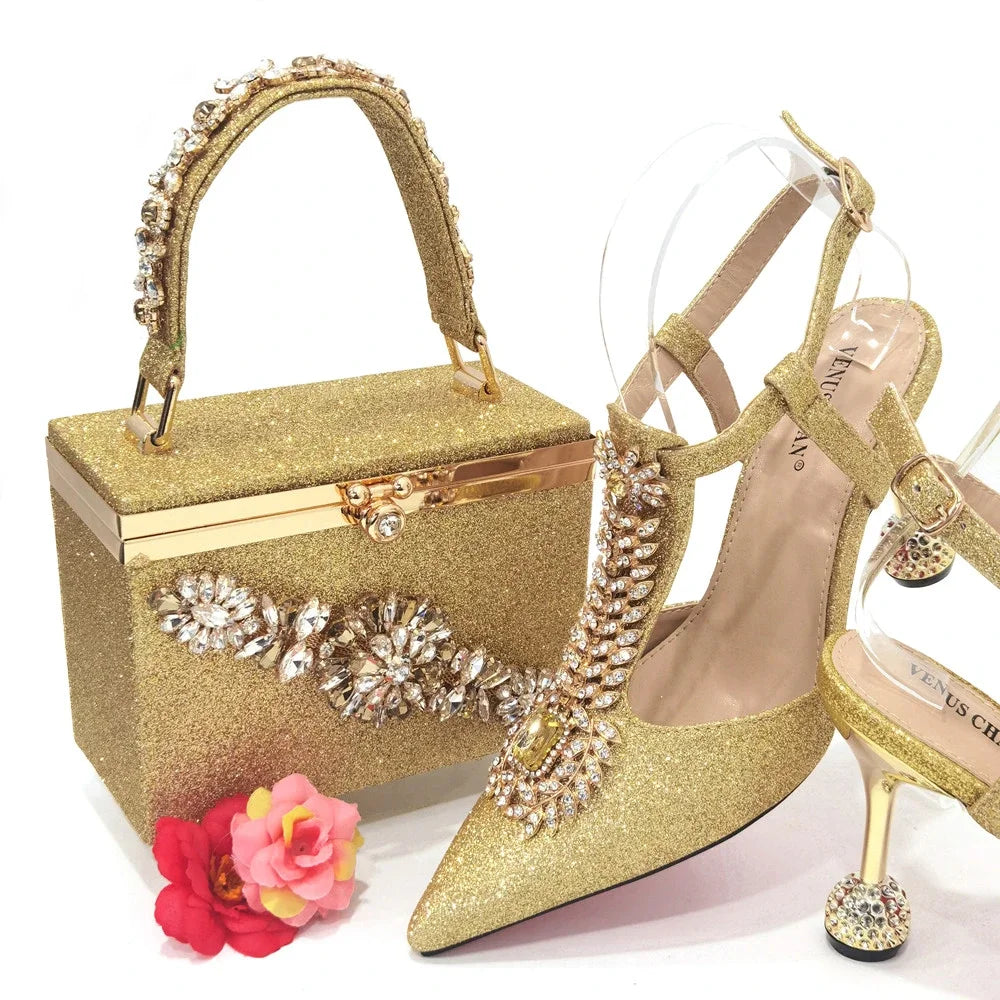 Pointed Toe Wedding Shoes And Bag, Full Diamond Decoration Metal Closure Bag