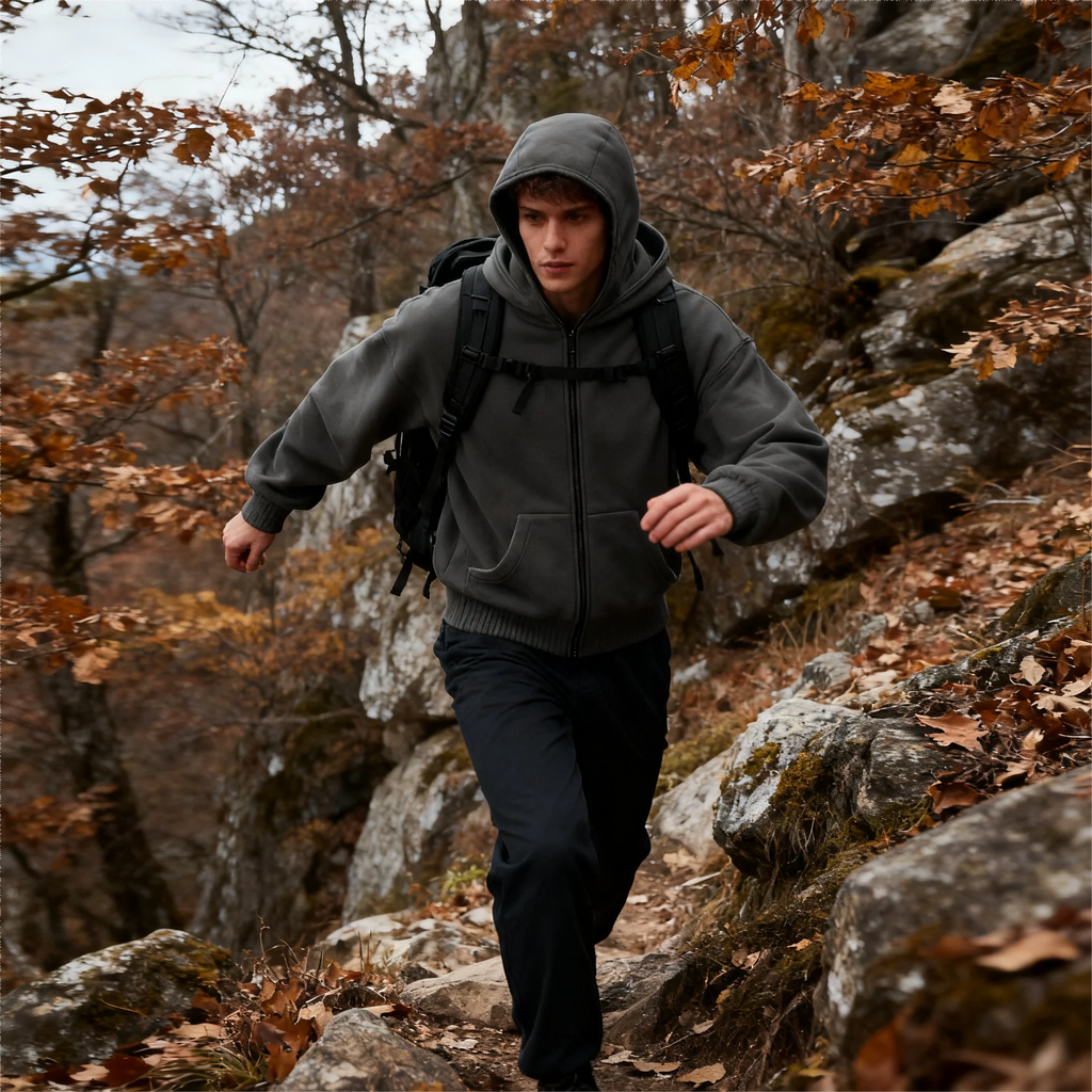 Unisex Double Hooded Fleece Sweatshirt Woman Balaclava Hoodie Half Zip Warm Outfit for Fall Winter Men Clothing Masked Outfit