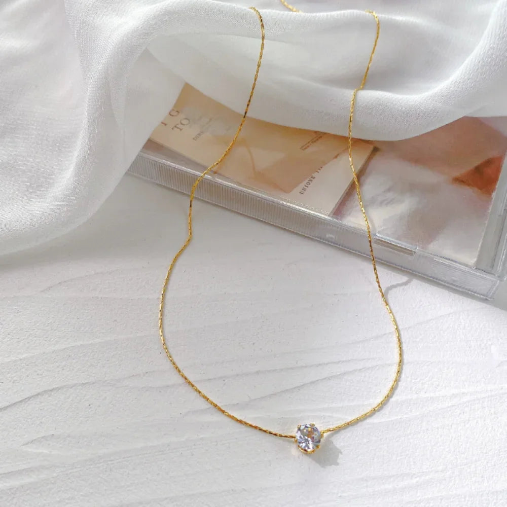 Stainless Steel Gold Plated Dainty Minimalist Zircon Necklace for Women