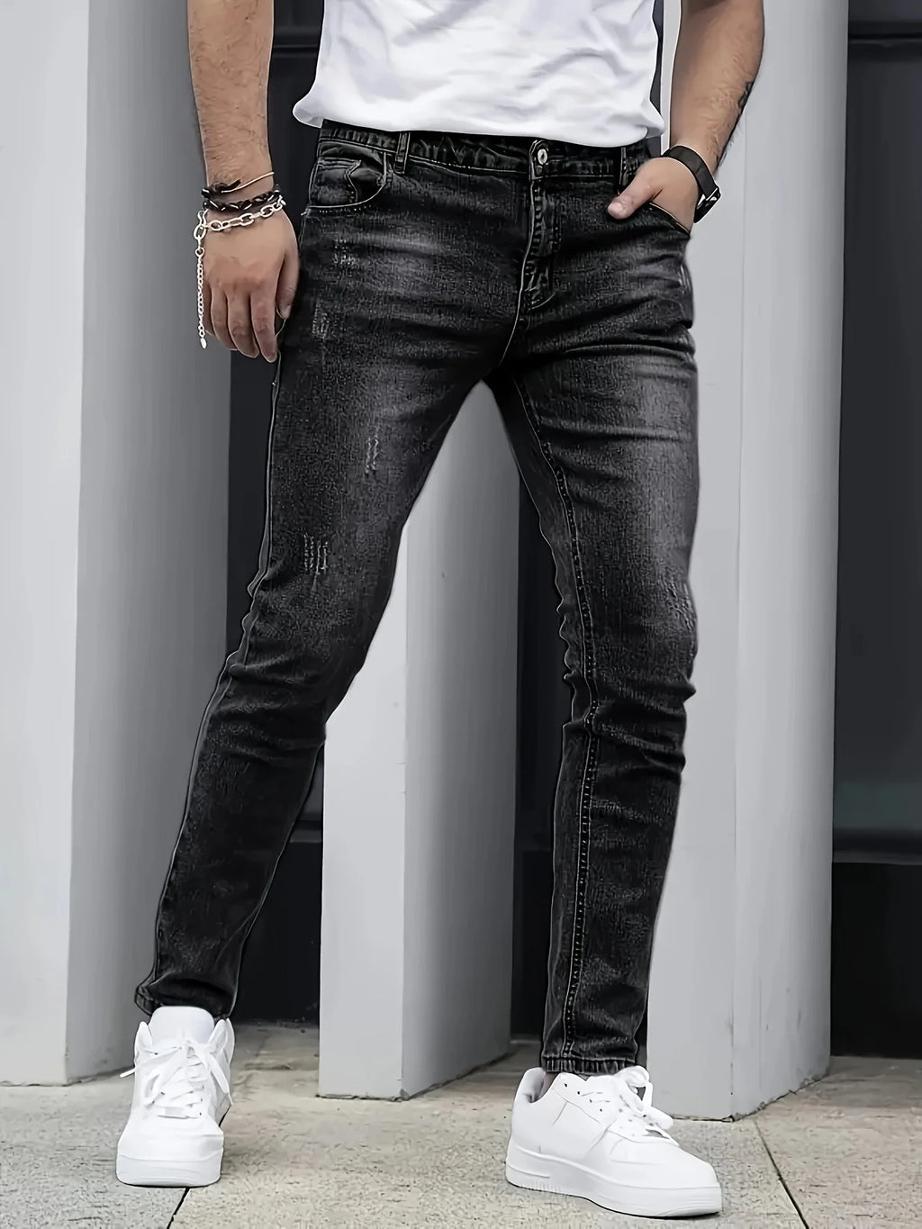 1 Piece of Men's Four-Season Snowflake Washed Fashion Jeans, Stretch Slim Fit Light Gray Dark Black Casual Denim Pants, Normcore and Fashionable, Suitable for Everyday Wear