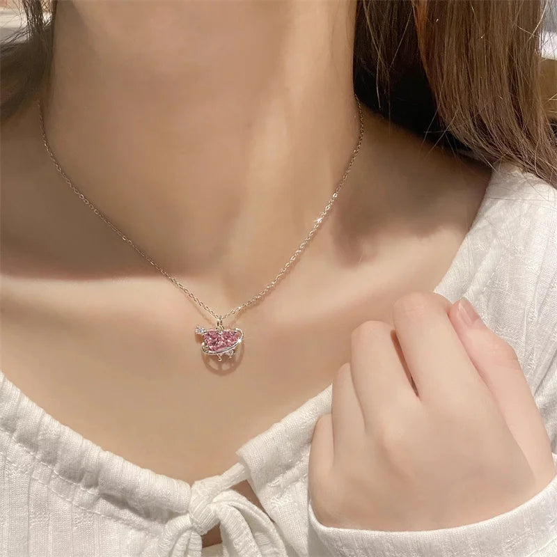 Y2K Pink Planet Heart Zircon Pendant Necklaces For Women