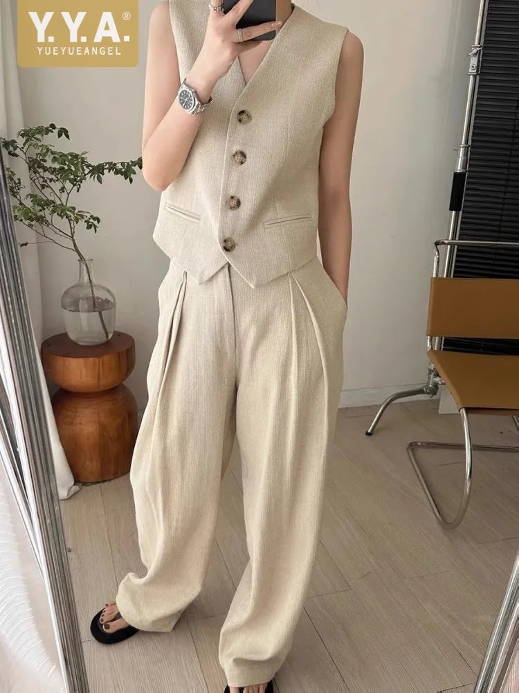 Women Casual Weaving Linen Sleeveless Sets