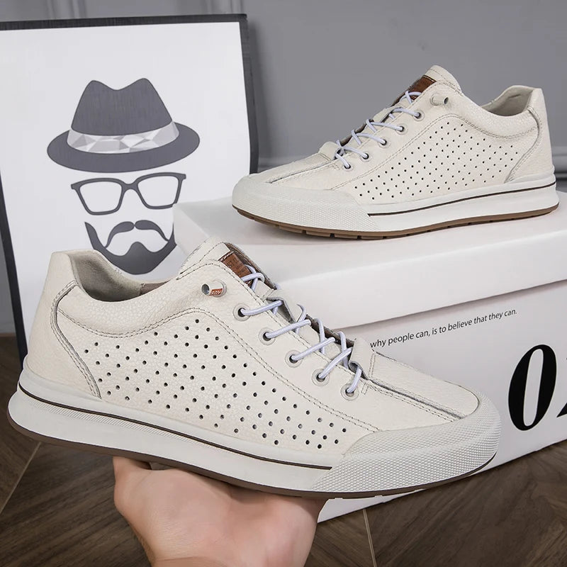 New Men's Leather Breathable Casual Shoe  Outdoor Perforated Laced Flat Shoe  Lightweight  Soft -Soled Comfortable Walking Shoes