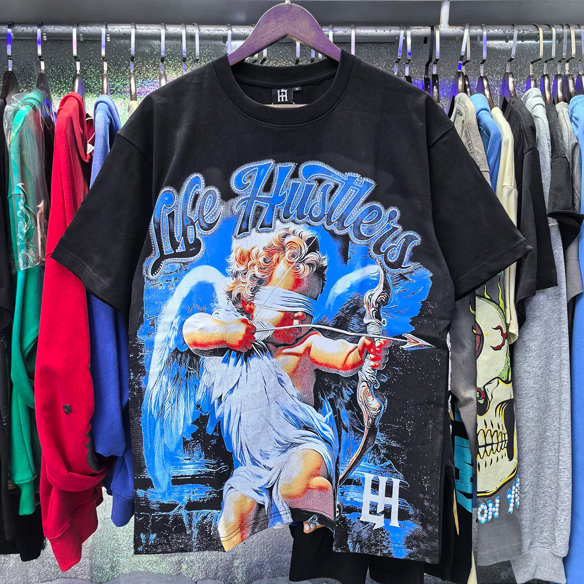 Masked Angel Shooting Arrows Diamond Cotton Short Sleeve Tshirts for Men and Women Crew Neck Loose Summer T-shirt Oversized Tees