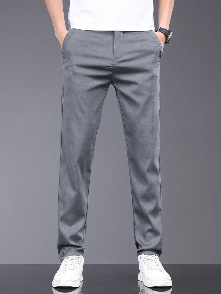 Lyocell Fabric Summer Thin Men's Casual Pants Slim Straight Elastic Waist Solid Color Business Work Trousers Brand Clothes