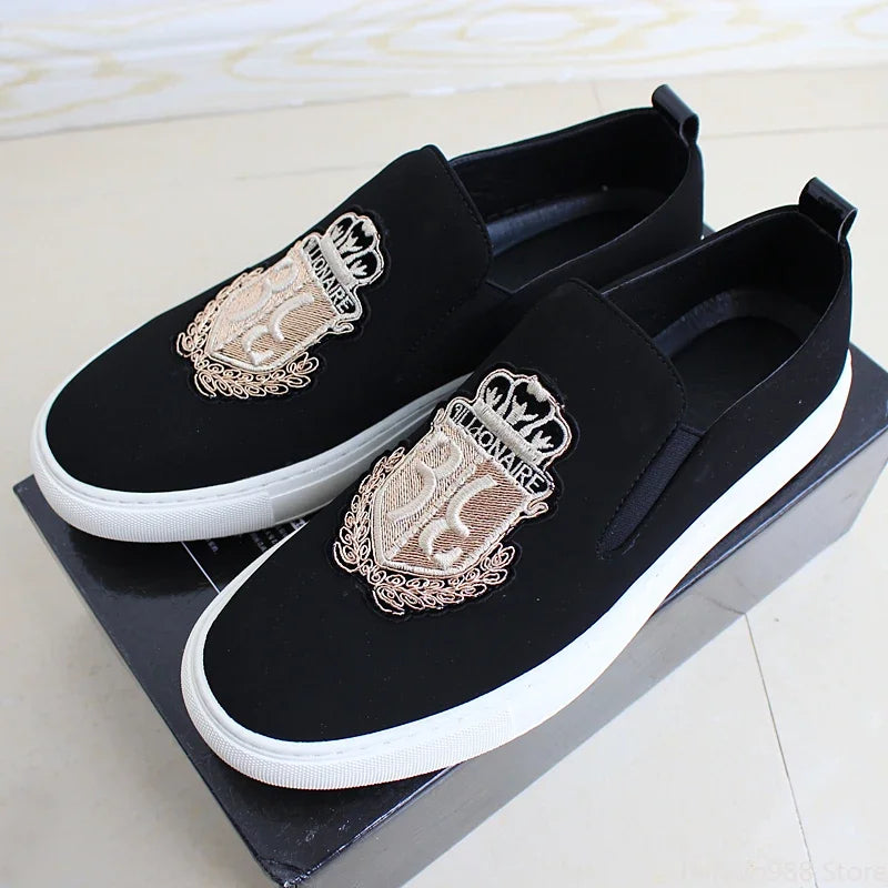 Brand New Men Casual Shoes Black Suede Leather Man Party Luxury Embroidery Flat Shoes Tide Slip-On Loafers