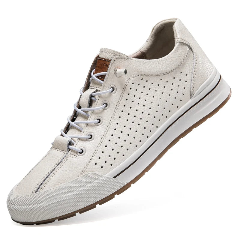New Men's Leather Breathable Casual Shoe  Outdoor Perforated Laced Flat Shoe  Lightweight  Soft -Soled Comfortable Walking Shoes
