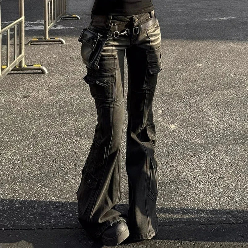Yitimuceng American Retro Low Waist Denim Cargo Pants Women Washed Distressed Multi-pocket Flare Jeans Y2k Spice Girl Streetwear