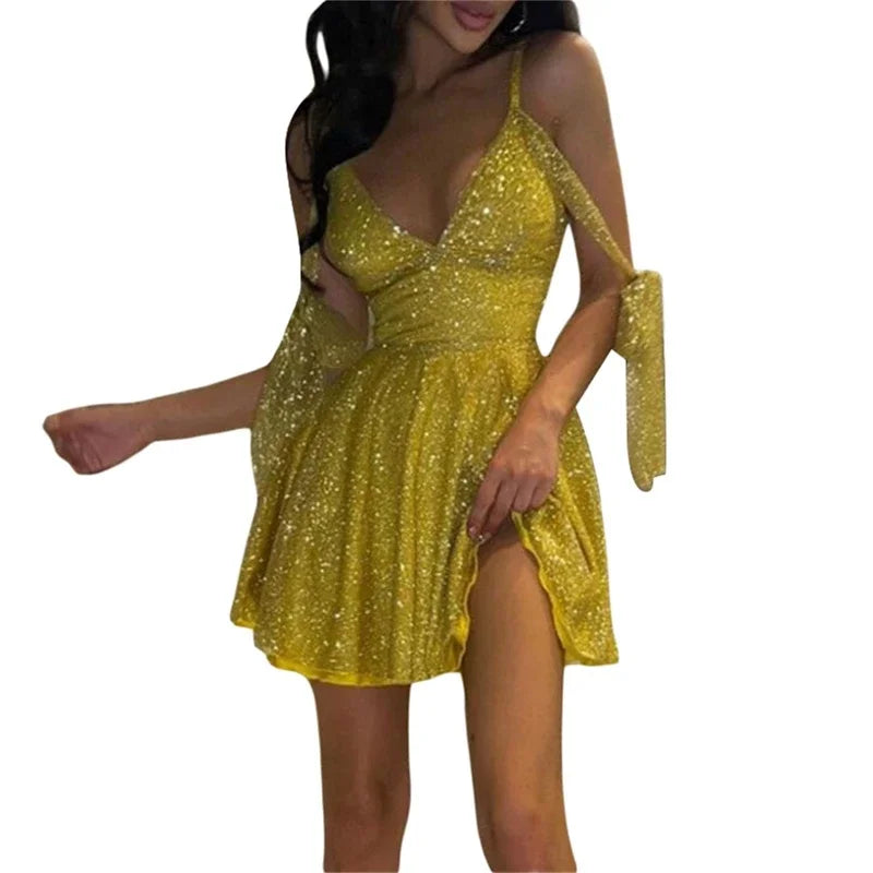 Cocktail Club for Ladies Vintage A-line Dress Women Shiny Party Mini Dress