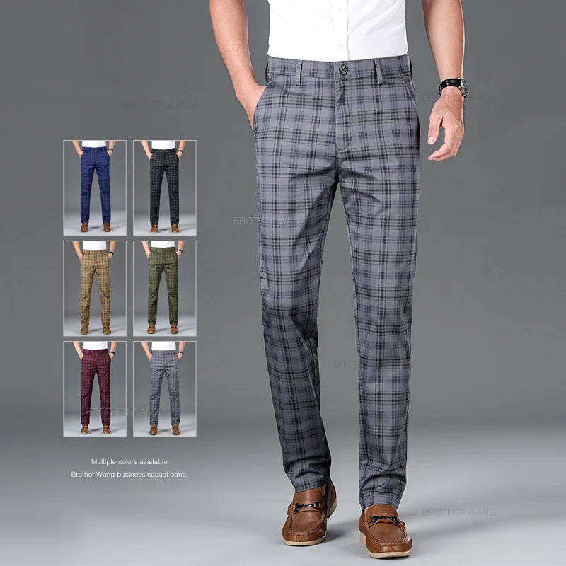 Spring Classic Men's Slim Fit Cotton Plaid Casual Pants Classic Style