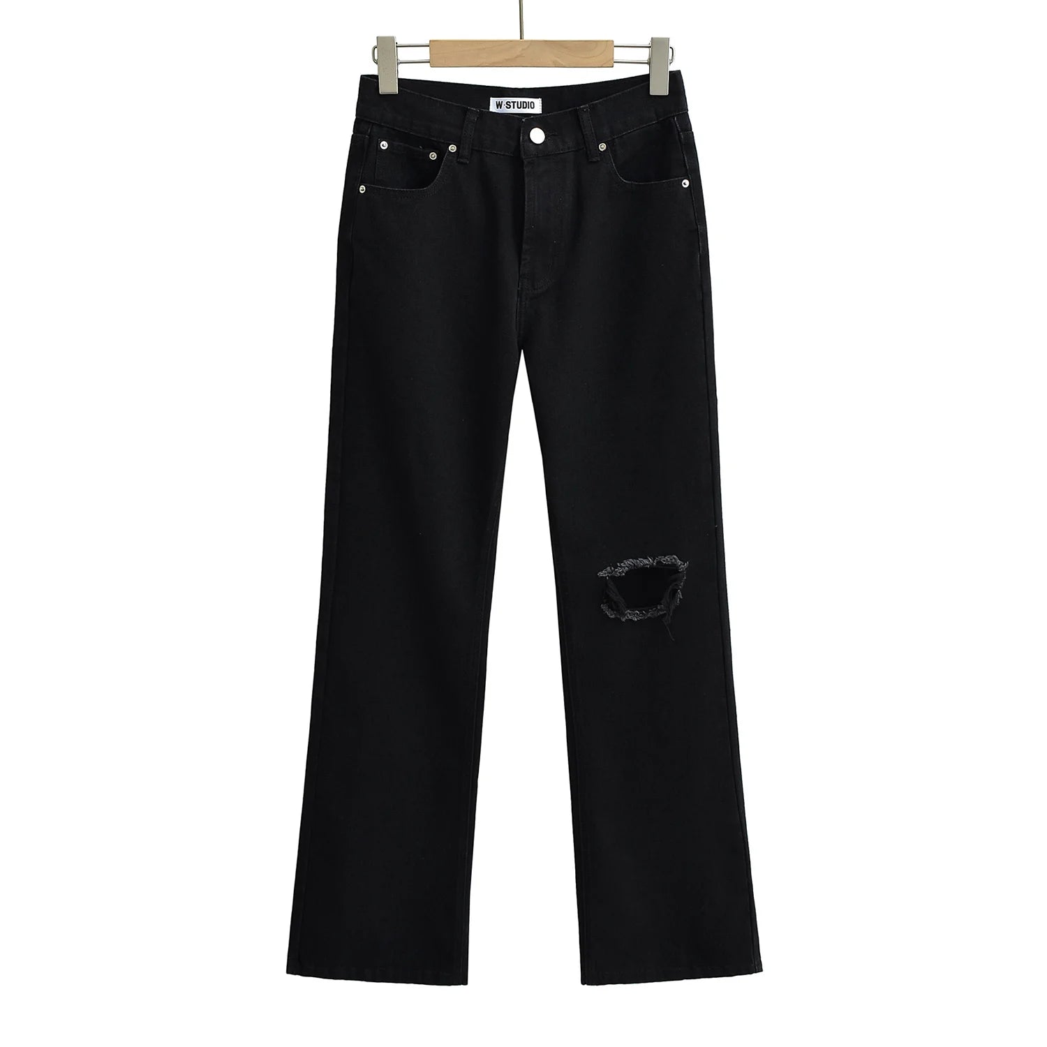 High‑Waist Straight‑Leg Distressed Jeans — Relaxed Fit with Knee Rip & Washed Finish