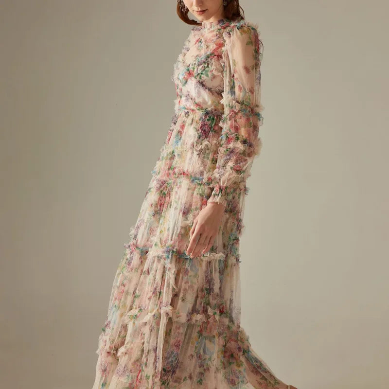 Women's Tide Long Sleeve Skirts Floral Organza Pleated