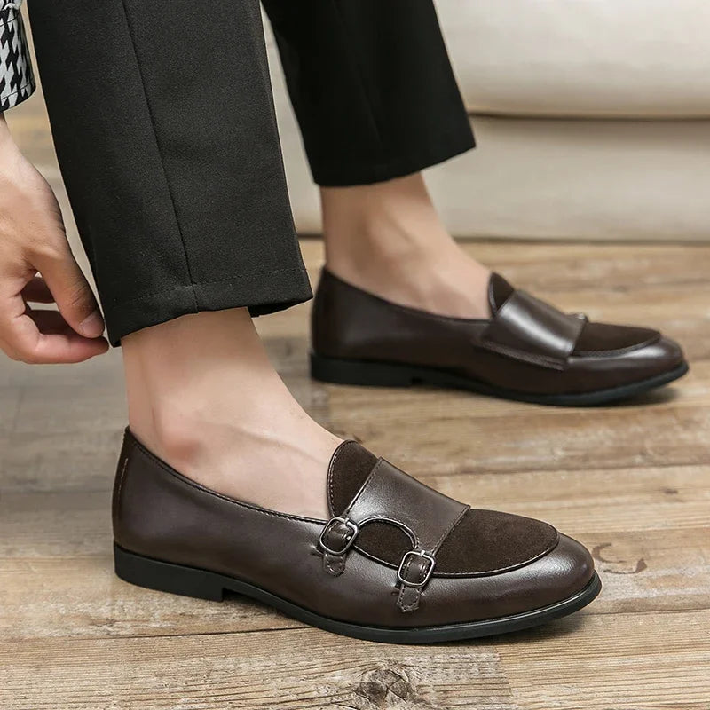 Men leather formal monk strap shoes slip on double buckle loafers large size 48