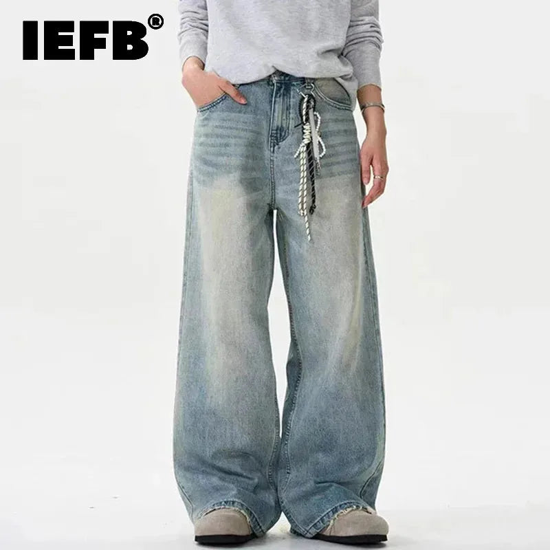 IEFB Distressed Jeans Solid Color Washing Summer Men Trousers Loose Wide Leg Casual Straight Moustache Effect Male Bottom 9W665