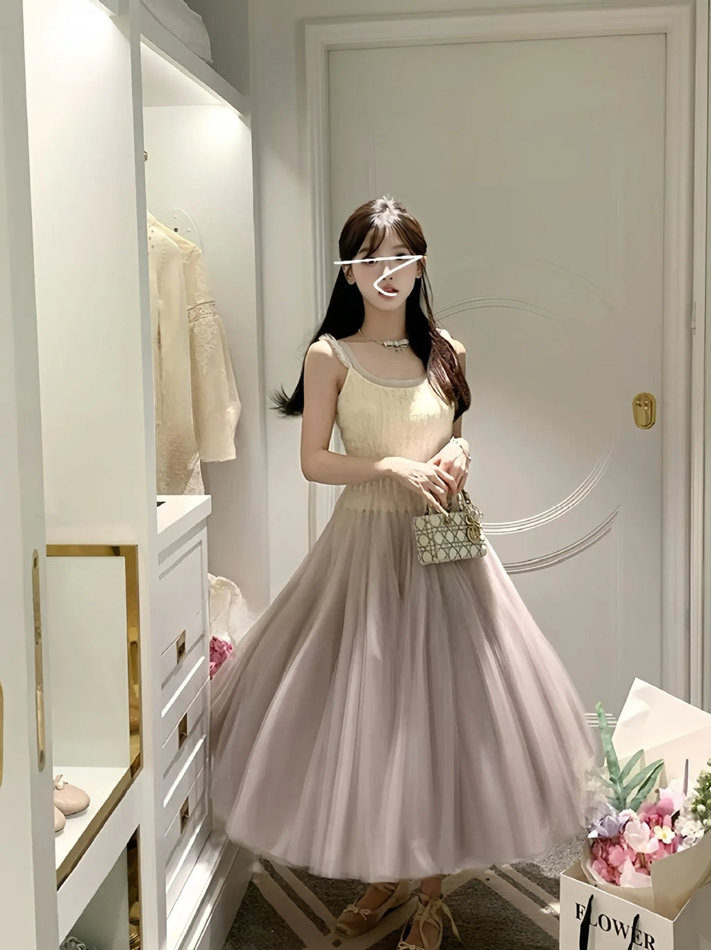 High Quality Gradient Camisole Dresses Spring Women Sleeveless Square Neck Mesh Dress Summer High Waist Zipper Knee Length Dress