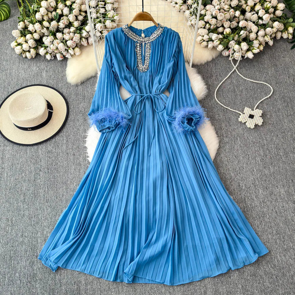Crystal Loose Full Sleeve Maxi Pleated Chiffon Dress For Women