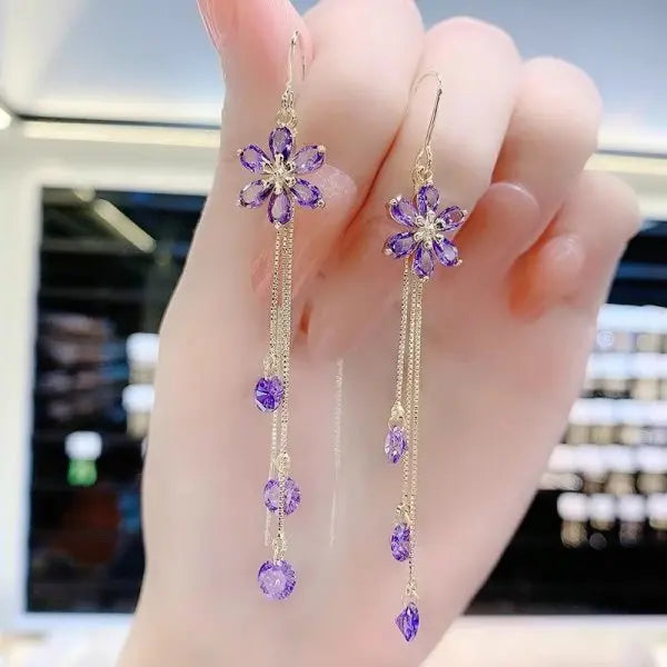 Gold Plated Crystal Leaf Tassel Drop Earrings for Women