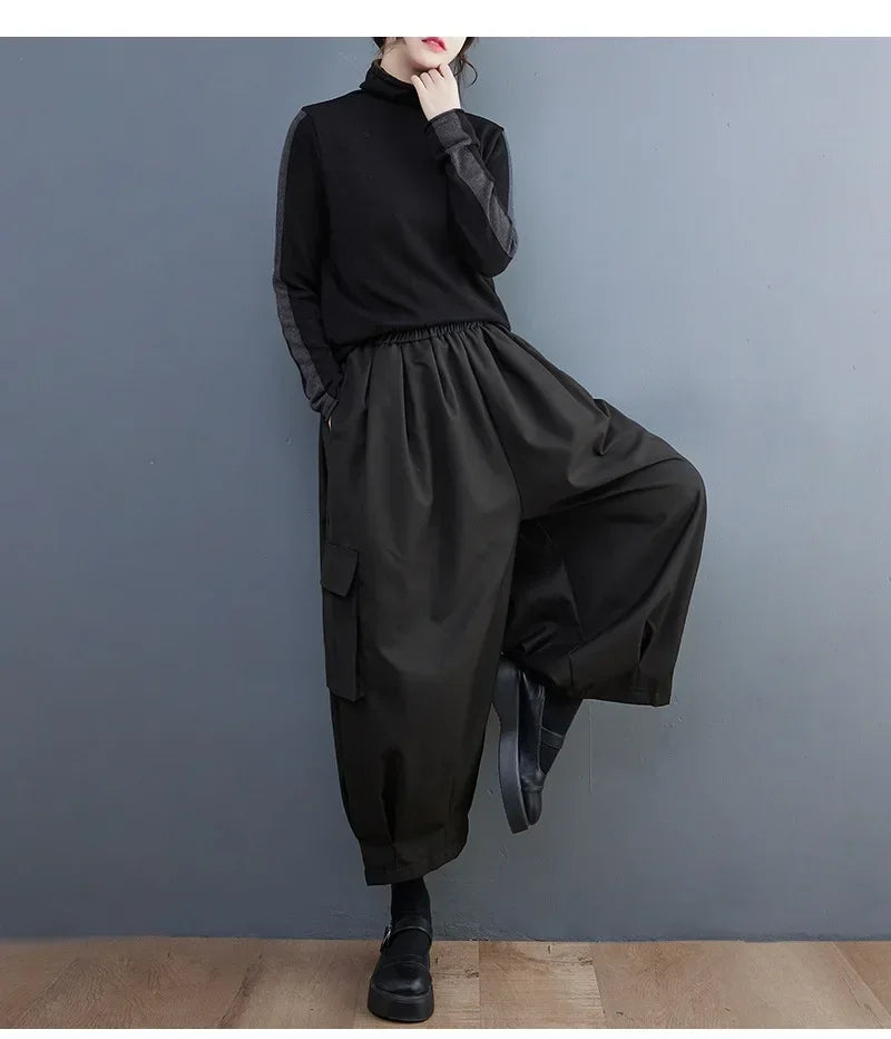 Black Vintage High Elastic Waist Oversized Cargo Pants
