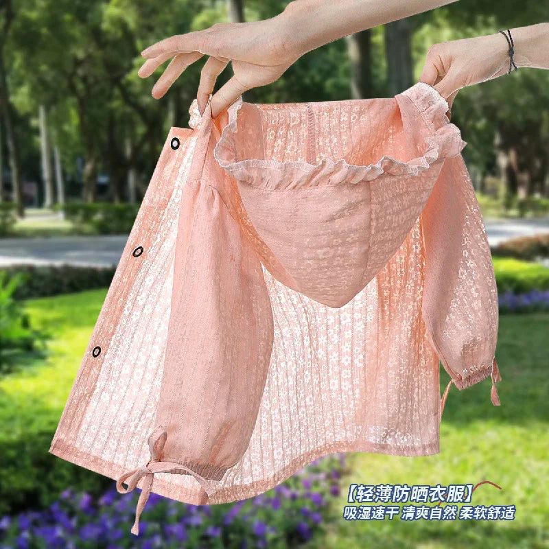 Girls Lace Sunscreen Coats Clothes 2025 Summer New Children's Breathable Thin Hooded Outerwear Kids Air Conditioner Shirt 1-5Y