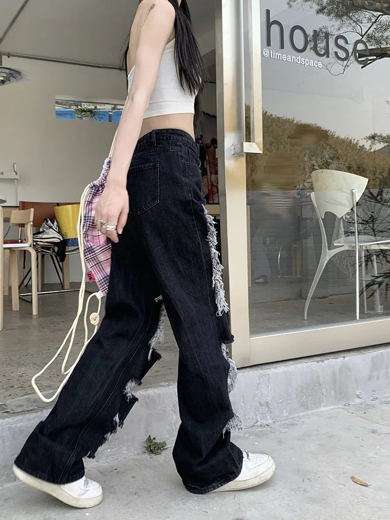 New Y2k Washed Mopping Pants Broken Hole Jeans All-Match Distressed Women High Street Hip Hop High Waist Straight Loose Trousers