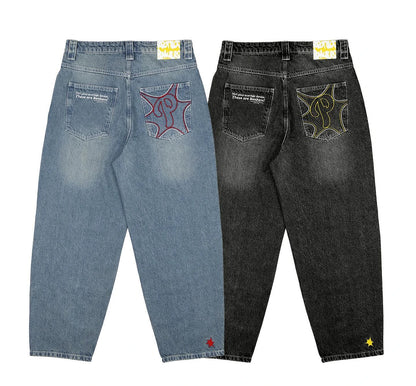 Retro casual men clothing black baggy jeans y2k hip hop streetwear