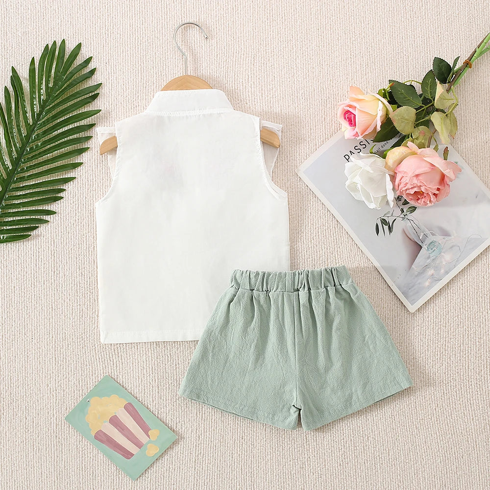 Baby Girl Flower Embroidery Sleeveless Top And Shorts