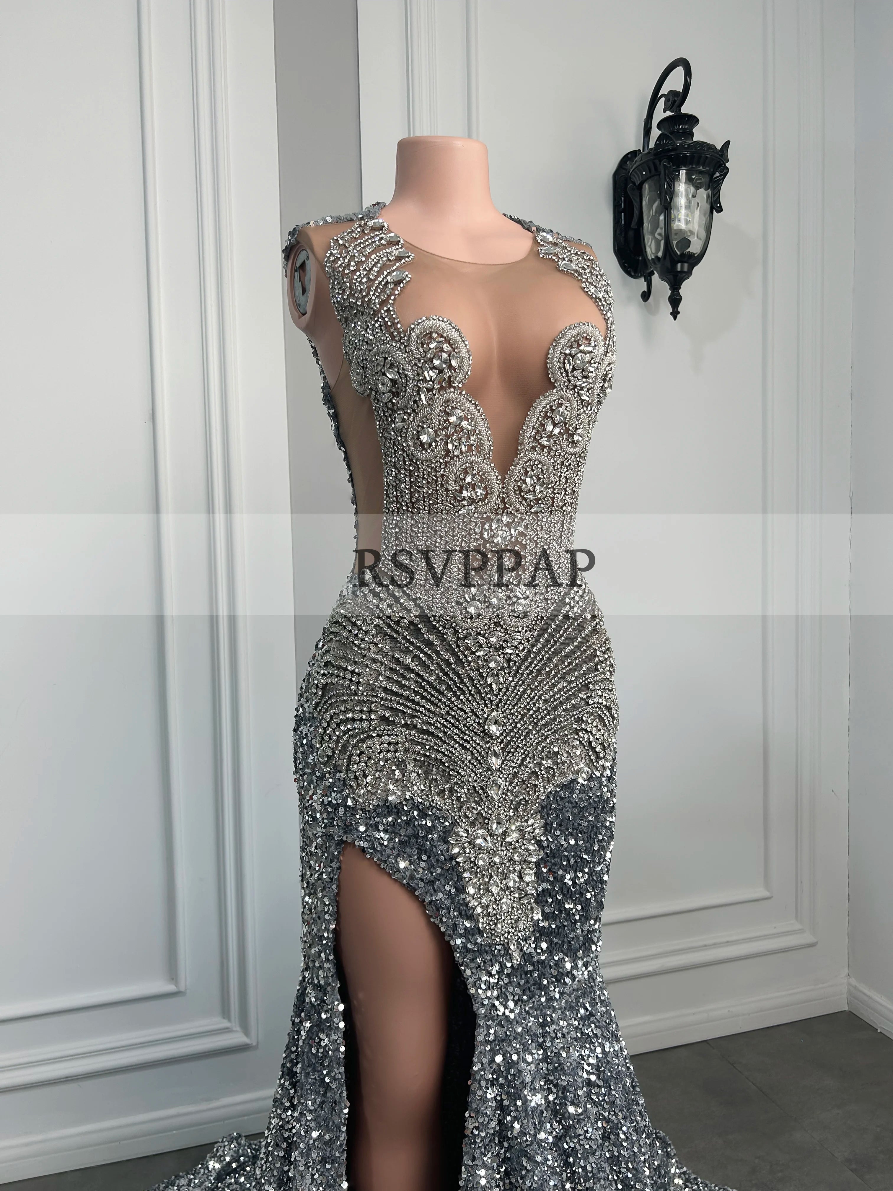 Long Sparkly Prom Dresses High Slit Luxury Diamond Silver Sequin