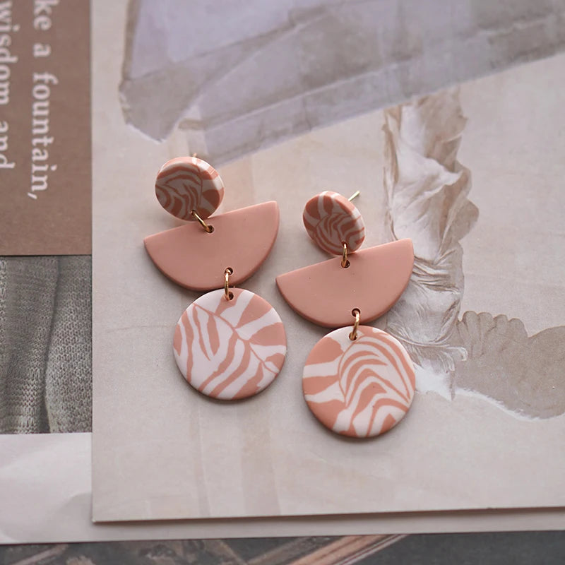 Floral Leaf Zebra Pattern Dangle Pendant Clay Earrings