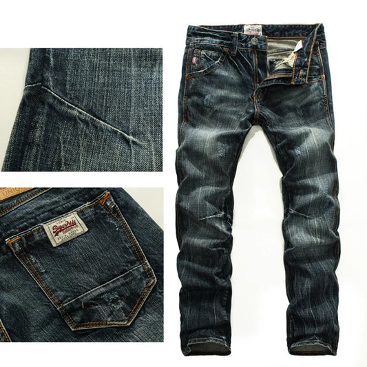 Men Jeans Retro Green Blue Slim Fit Ripped Jeans Men Trousers